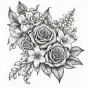 rose, carnation, lily of the valley, narcissus flower bouquet tattoo design idea