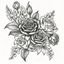 rose, carnation, lily of the valley, narcissus flower bouquet tattoo design idea