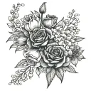 rose, carnation, lily of the valley, narcissus flower bouquet tattoo design idea