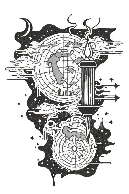 map with moon, quill, and candle wax dripping tattoo design idea