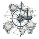 create a 3d tattoo with a compass, graphic lines of small sailing ships and a map of the african continent tattoo design idea