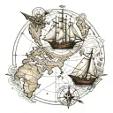 create a 3d tattoo with a compass, graphic lines of small sailing ships and a map of the african continent tattoo design idea