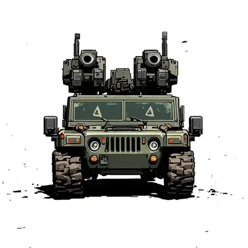 A futuristic video game scene featuring a Jeep equipped with M6 Bradley Linebacker weaponry tattoo design idea
