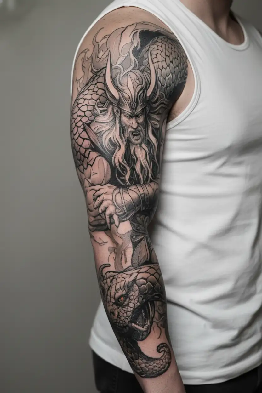 thor lifting jormungandr tattoo design idea