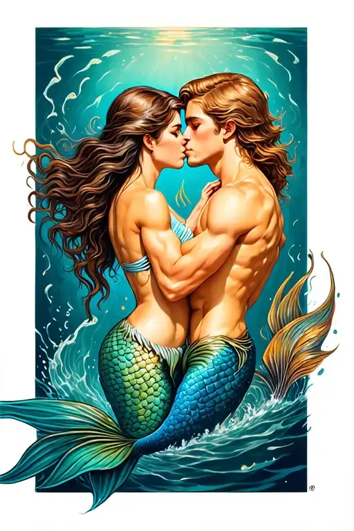 Mermaid and Merman kissing each other tattoo design idea