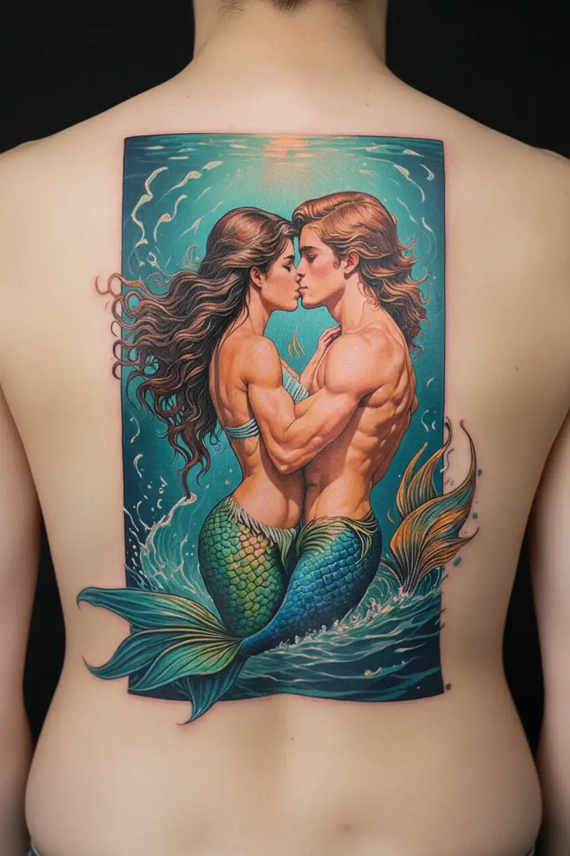 Mermaid and Merman kissing each other tattoo design idea