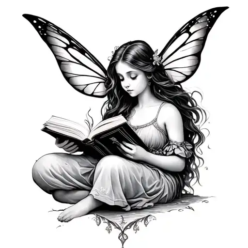 fairy reading a book small tattoo design idea