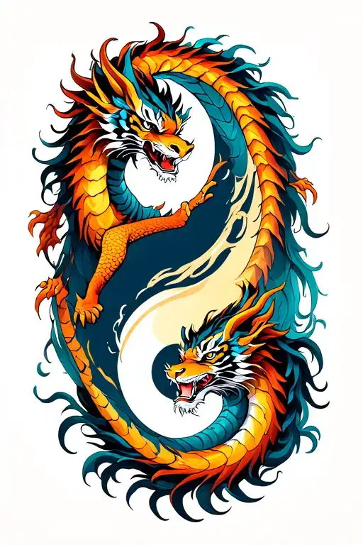 DRAGON AND TIGER FIGHTING OVER THE YING YANG tattoo design idea