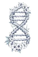 dna double helix with february, march, april and august birth flowers wrapped around each strand down a spine tattoo design idea
