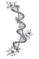 dna double helix with february, march, april and august birth flowers wrapped around each strand down a spine tattoo design idea