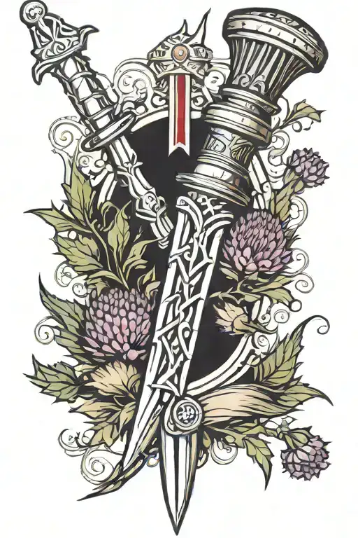 scottish dirk surrounded by a thistle tattoo design idea