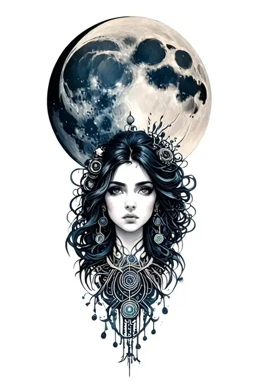 full moon with female portrait below tattoo design idea