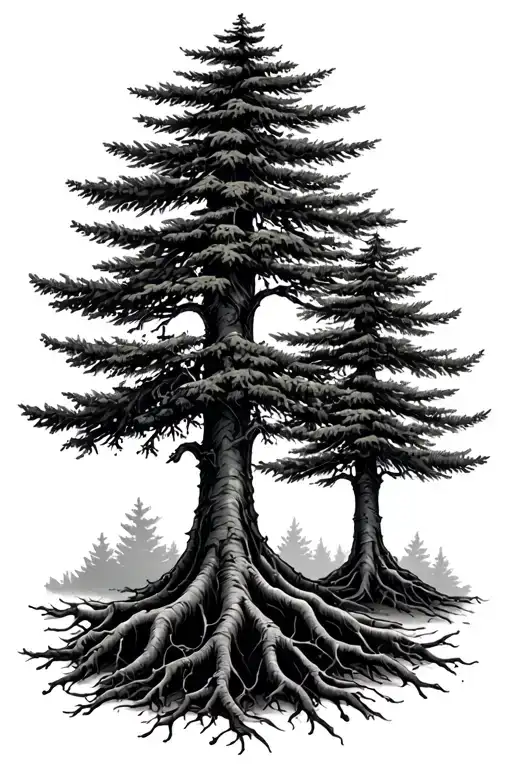 three seperate Evergreen trees with roots tattoo design idea