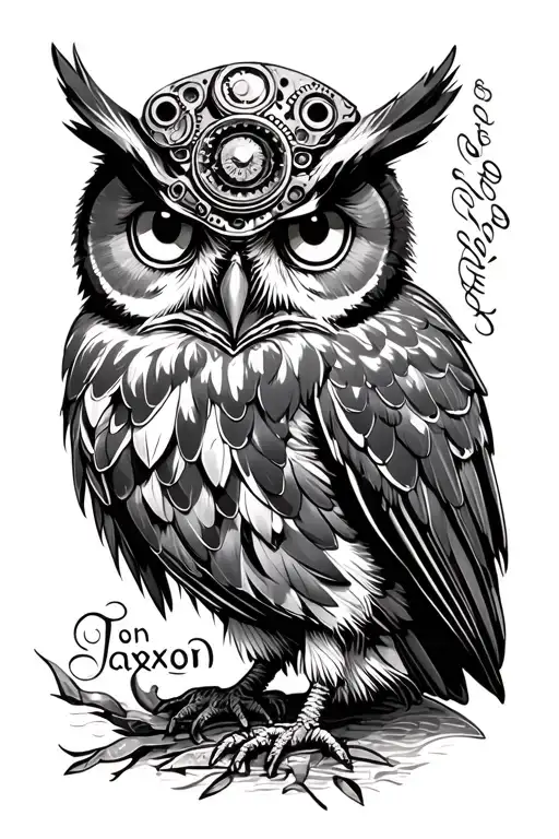 steampunk owl with Jaxon writing  tattoo design idea