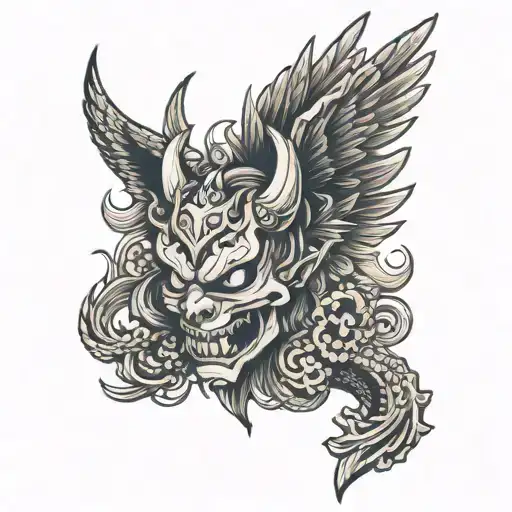 half devil half angel with wings and crown made tattoo design idea
