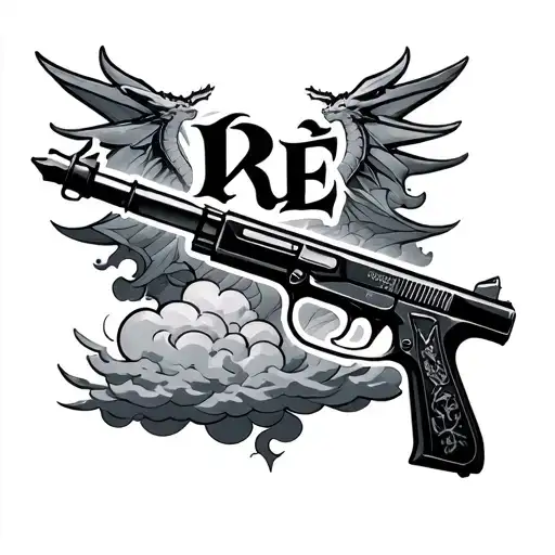 the name Dre with a Draco gun behind it with clouds and a cross  tattoo design idea
