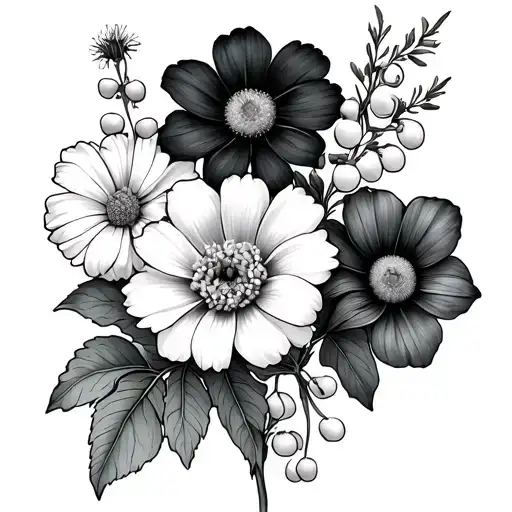 a hawthorn, lily of the valley, aster, marigold, cosmos, and primrose tattoo design idea