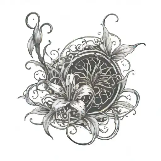 silent hill sign surrounded by red spider lilly tattoo design idea