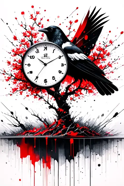 Geometry, raven, sakura tree, watches from which droplets flow, lines tattoo design idea