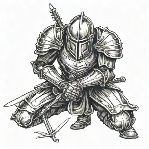 Knight Kneeling with long sword head down tattoo design idea