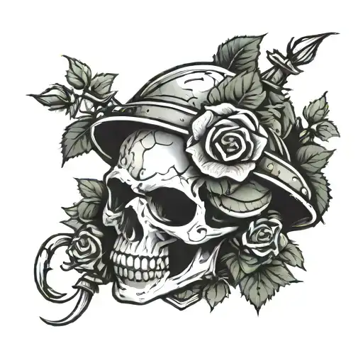 army helmet wrapped with a rose and thorns  tattoo design idea