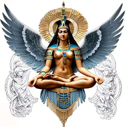 Goddess Isis with her wings spread and meditating tattoo design idea