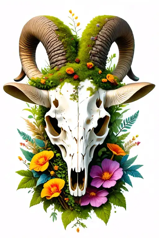 ram skull breaking down into nature taking over,  moss mushrooms, and flowers, empath, enjoy the little things,  tattoo design idea