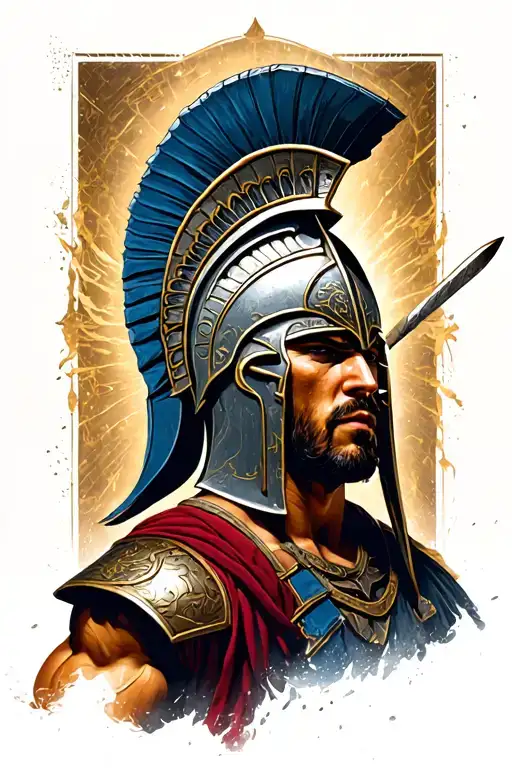 Photorealistic Spartan warrior with symbolic background representing constant growth and life struggle tattoo design idea