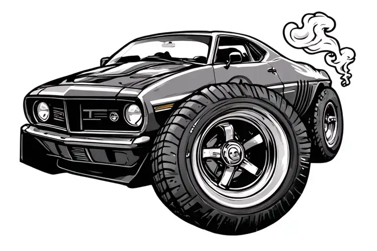ctsv badge surrounded by smoking tire and stick shift tattoo design idea