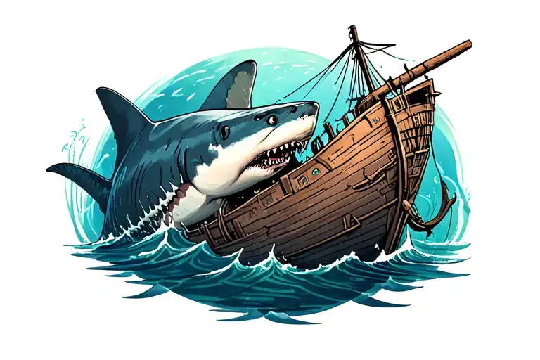 sunken shipwreck surrendered by sharks tattoo design idea