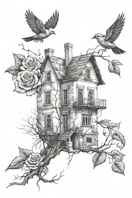 Abandoned Stalin-era house, roses, tree roots, the one bird flying away tattoo design idea
