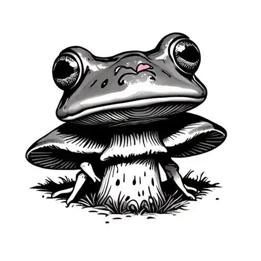 vintage frog with kiss mark on nose on mushroom tattoo design idea