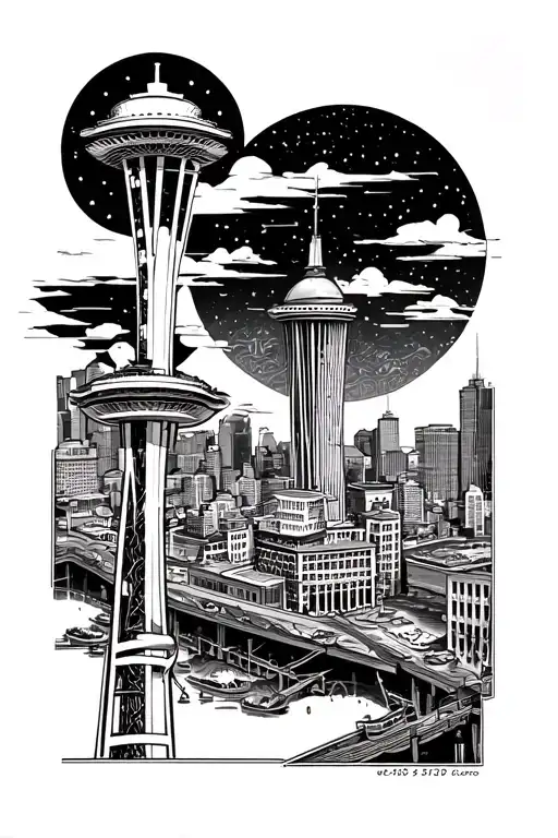 pike place, Seattle, space needle theme sleeve tattoo design idea