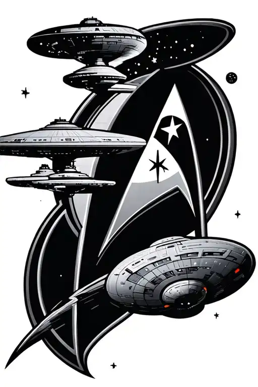 startrek emblem with uss voyager and uss enterprise e and uss discovery surrounding it tattoo design idea