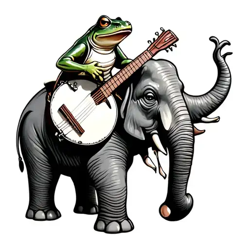 a frog playing a banjo while riding an elephant that's cute and has some color but not to much  tattoo design idea