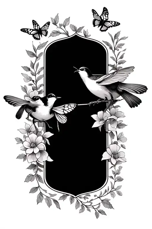 floral vines with bees and butterflies fluttering and two birds pulling a ribbon on either end dainty fine line tattoo design idea