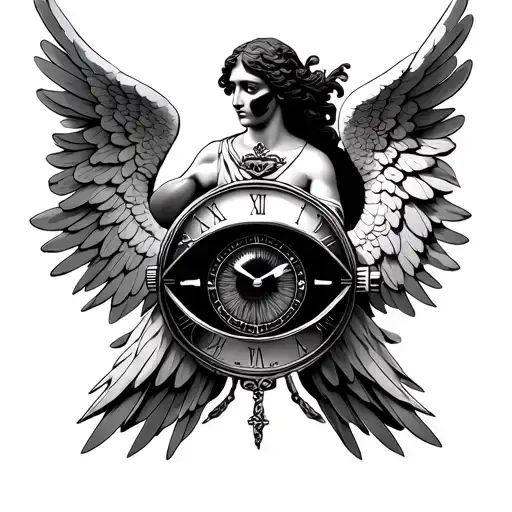 Angel San Miguel and above the angel a watch in the form of an eye tattoo design idea