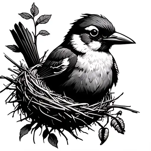 Make me a traditional black and white tattoo design of a momma bird perching on the edge of a nest with a worm in her mo tattoo design idea