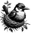 Make me a traditional black and white tattoo design of a momma bird perching on the edge of a nest with a worm in her mo tattoo design idea