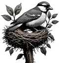 Make me a traditional black and white tattoo design of a momma bird perching on the edge of a nest with a worm in her mo tattoo design idea