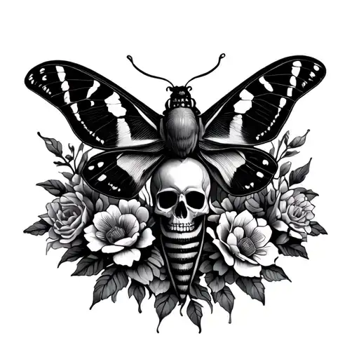 moth with skull and flowers tattoo design idea