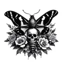 moth with skull and flowers tattoo design idea