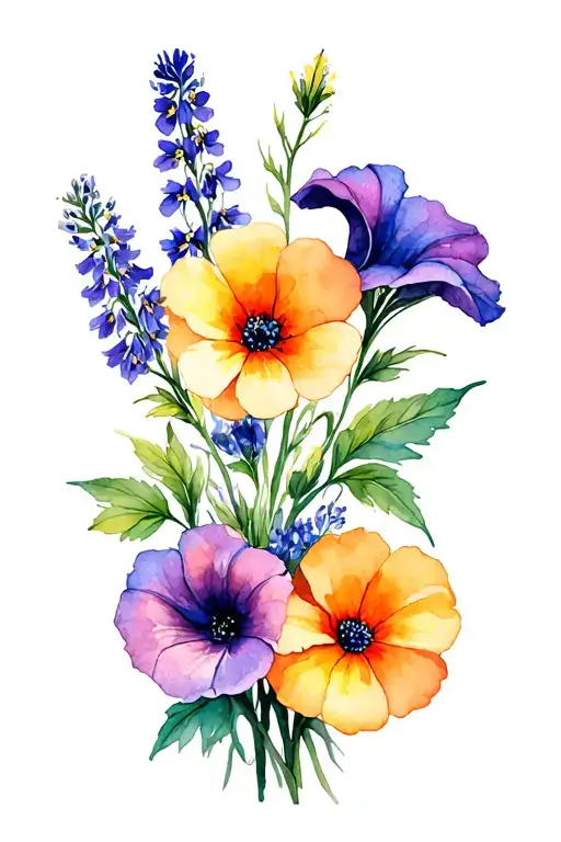 flower bouquet. morning glory, marigold, larkspur, sweet pea tattoo design idea