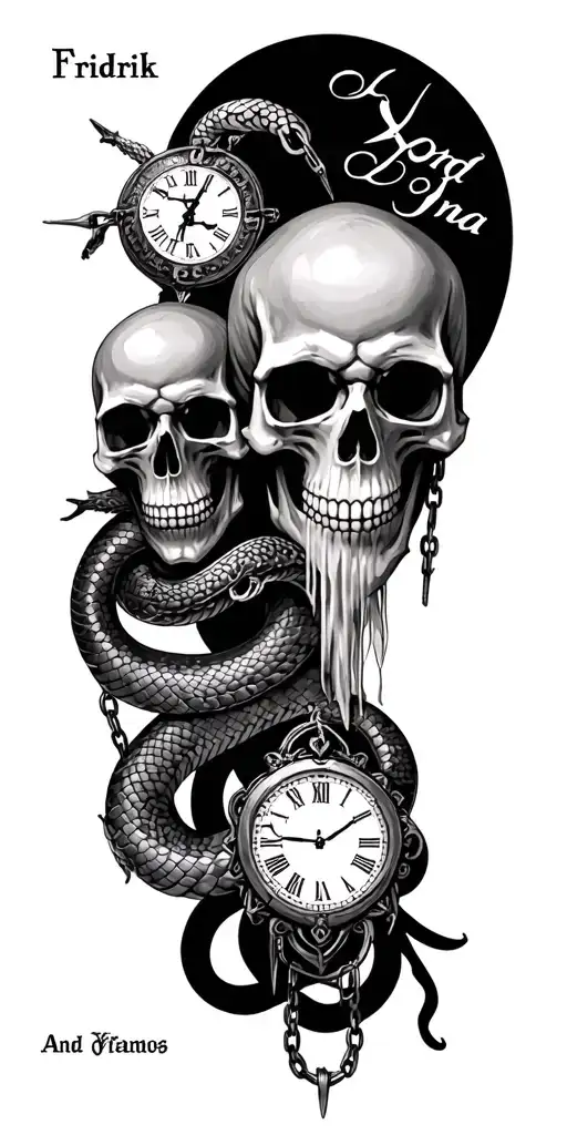 grungy gothic full sleeve black and grey tattoo with skulls, chains, clock, snake, names Fridrik and Yona tattoo design idea