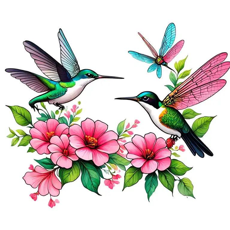 pink flowers with hummingbird and dragonfly  tattoo design idea