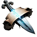 A glowing sword with a scroll wrapped around the blade, etched with scripture. tattoo design idea
