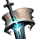A glowing sword with a scroll wrapped around the blade, etched with scripture. tattoo design idea