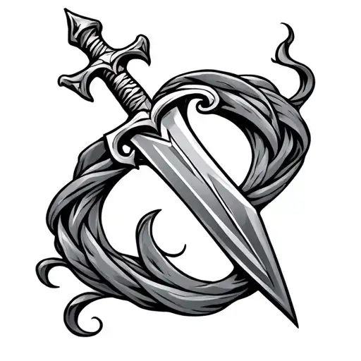 cursive c wrapped around a small dagger tattoo design idea