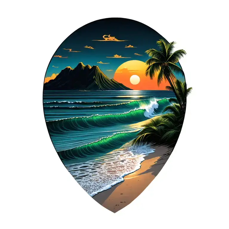 costa rica beach sunset, mountain jutting from the left, water and sun in middle, waves on beach, palms on right tattoo design idea