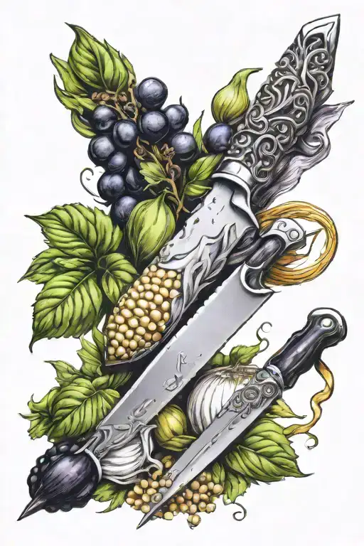 chef knife, basil leaf, chopsticks, corn cob, garlic bulb, grape cluster tattoo design idea